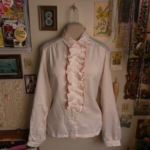 Vintage Ruffled Polka Dot Button Up Shirt Blouse Women's Large White Red